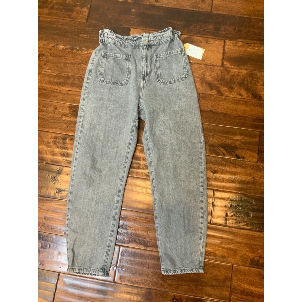 Zara Paper Bag High Waist Barrel Leg Ankle Light Gray Denim Jeans, Size 4